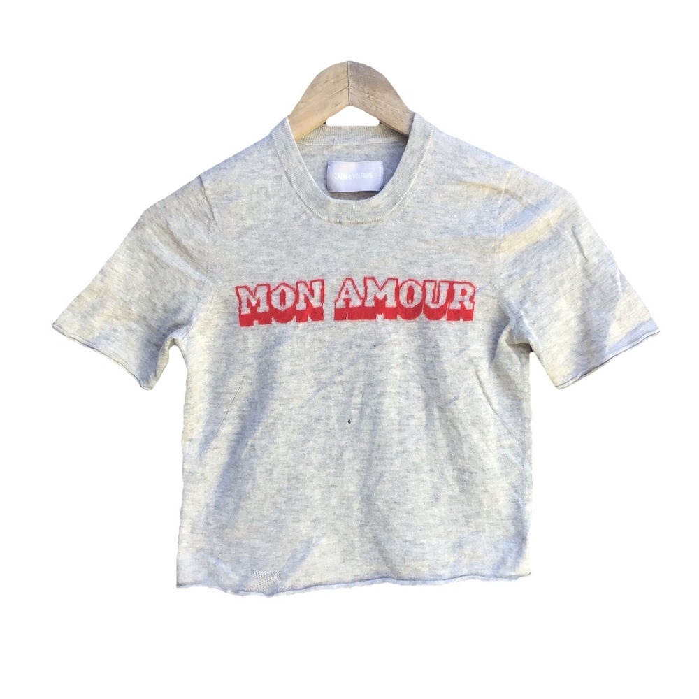 Zadig & Voltaire Mon Amour Cropped T-Shirt Gray Women's Size XS Distressed